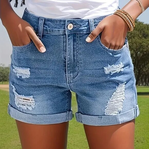 Women's High-Waisted Denim Shorts with Ripped Detail, Rolled Hem 2XL - Picture 1 of 3